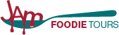 jam foodie tours logo, a spoon with the letters j, a, and m dripping in it